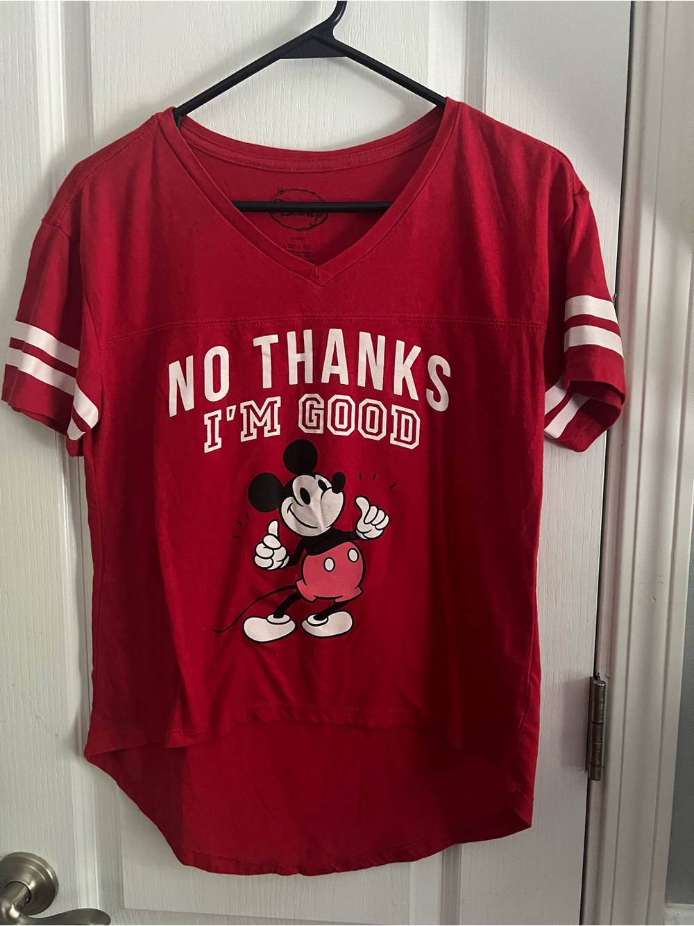 Disney Red Mickey Graphic V-Neck Tee with White Stripe Sleeves